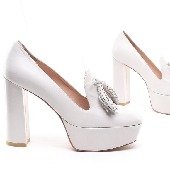 Stuart Weitzman Sky-High Tassel Heels Leather Platforms Women 6 White/Silver - Picture 1 of 16
